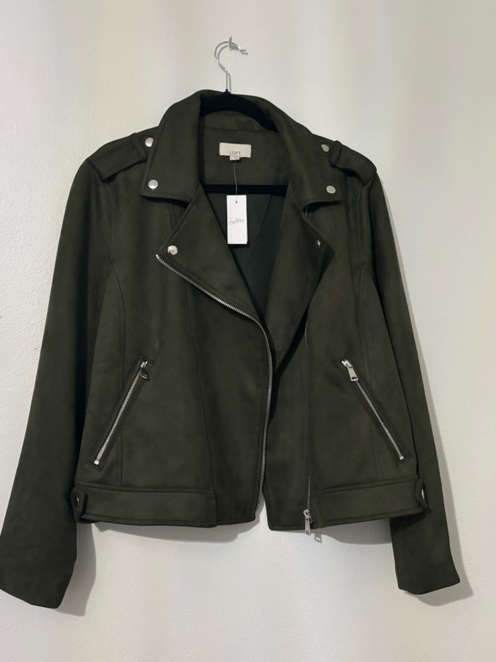 LOFT Dark Olive Suede-Look Moto Jacket